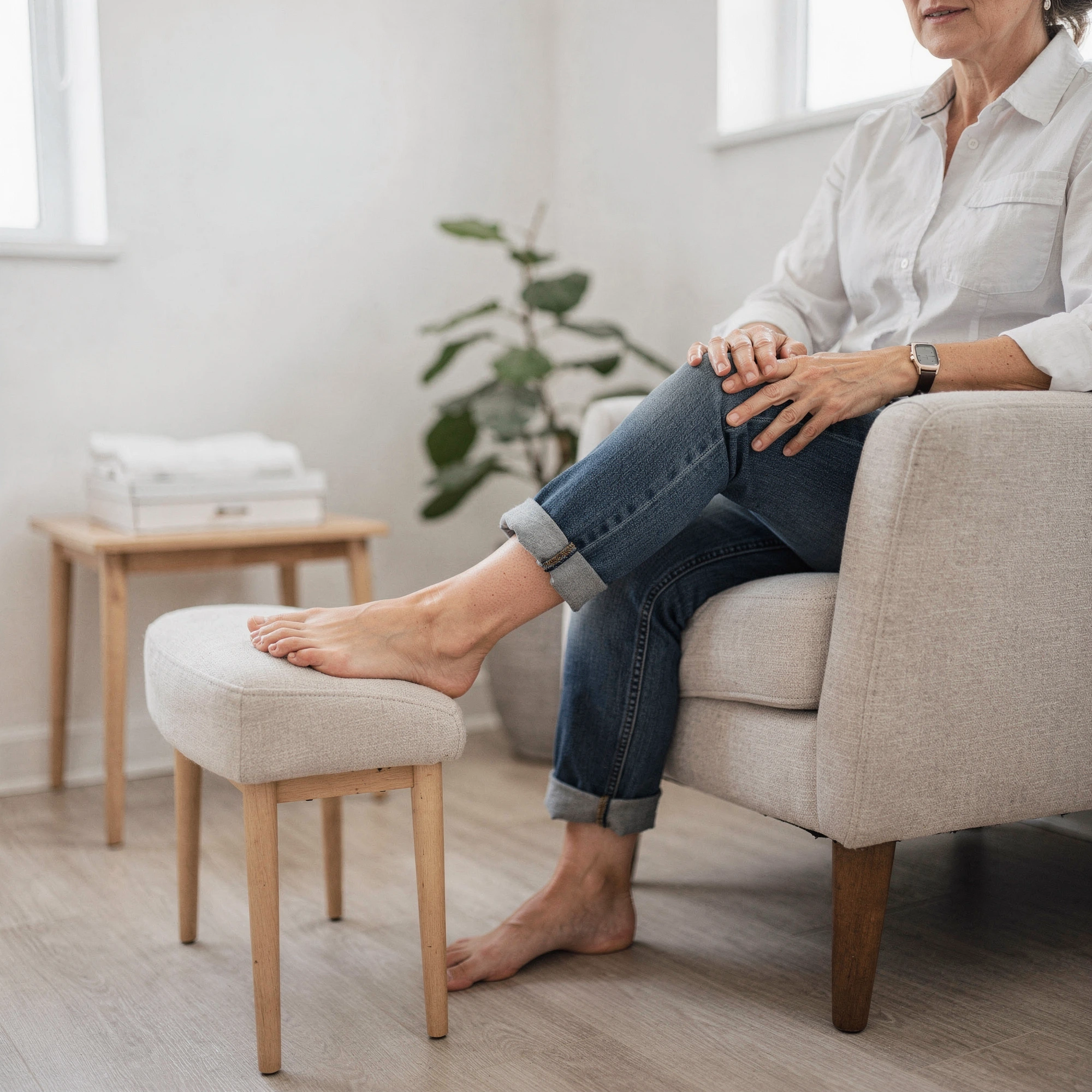 Woman seated in an armchair with her foot on a stool – podiatry care in Albany, OR